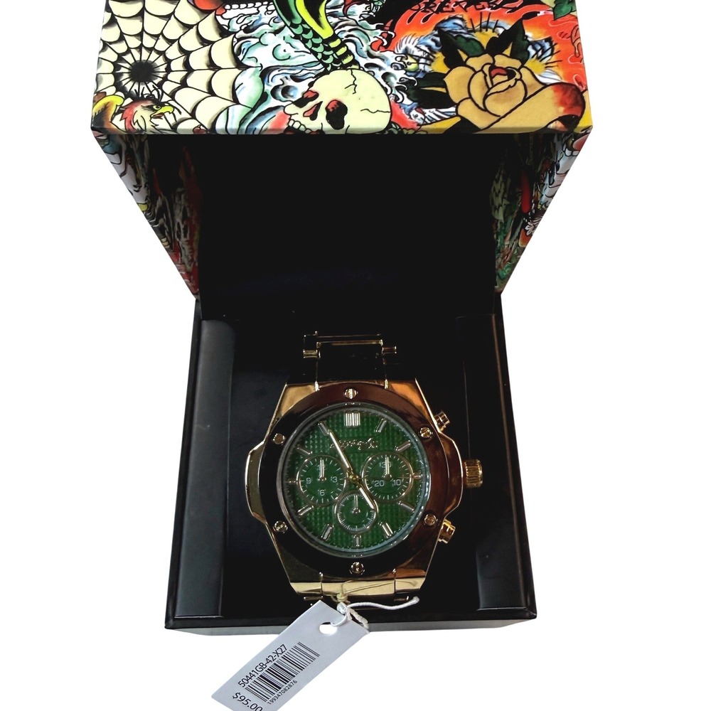 Ed Hardy Watch Mens Green Gold Chronograph Tattoo Art Y2K Streetwear NEW